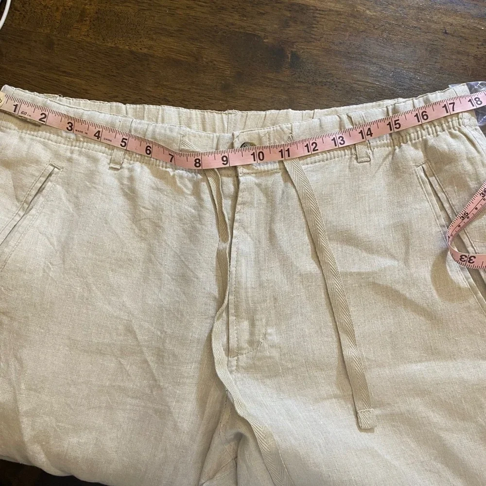 Tasso Elba Mens 100% Linen Pants Beige Elastic Waist Drawstring Casual Size L